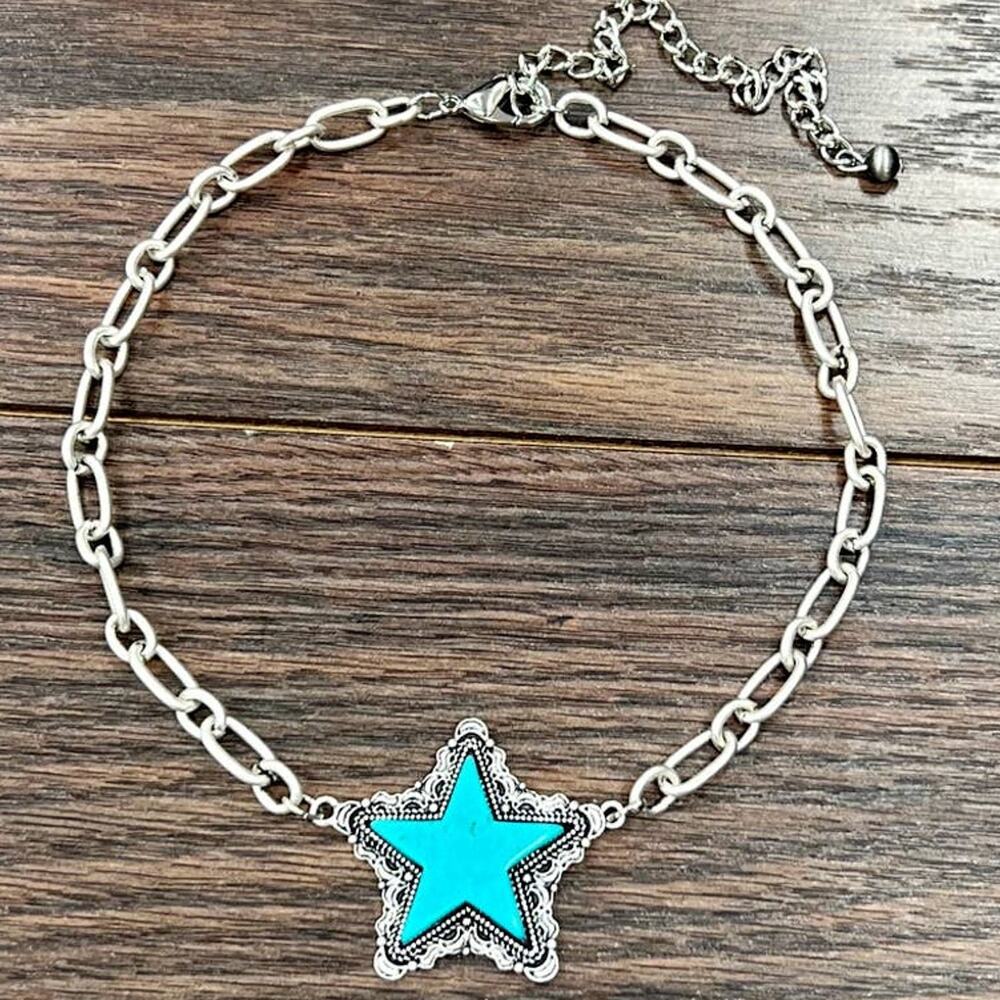 Star Turquoise Pendant Necklace – Cable Chain Western Style, Adjustable 15–20"